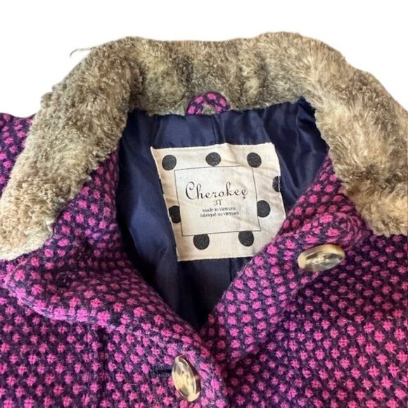 Cherokee Girls 3T Pink & Purple Faux Fur Collar Button-Up Coat - Picture 4 of 8
